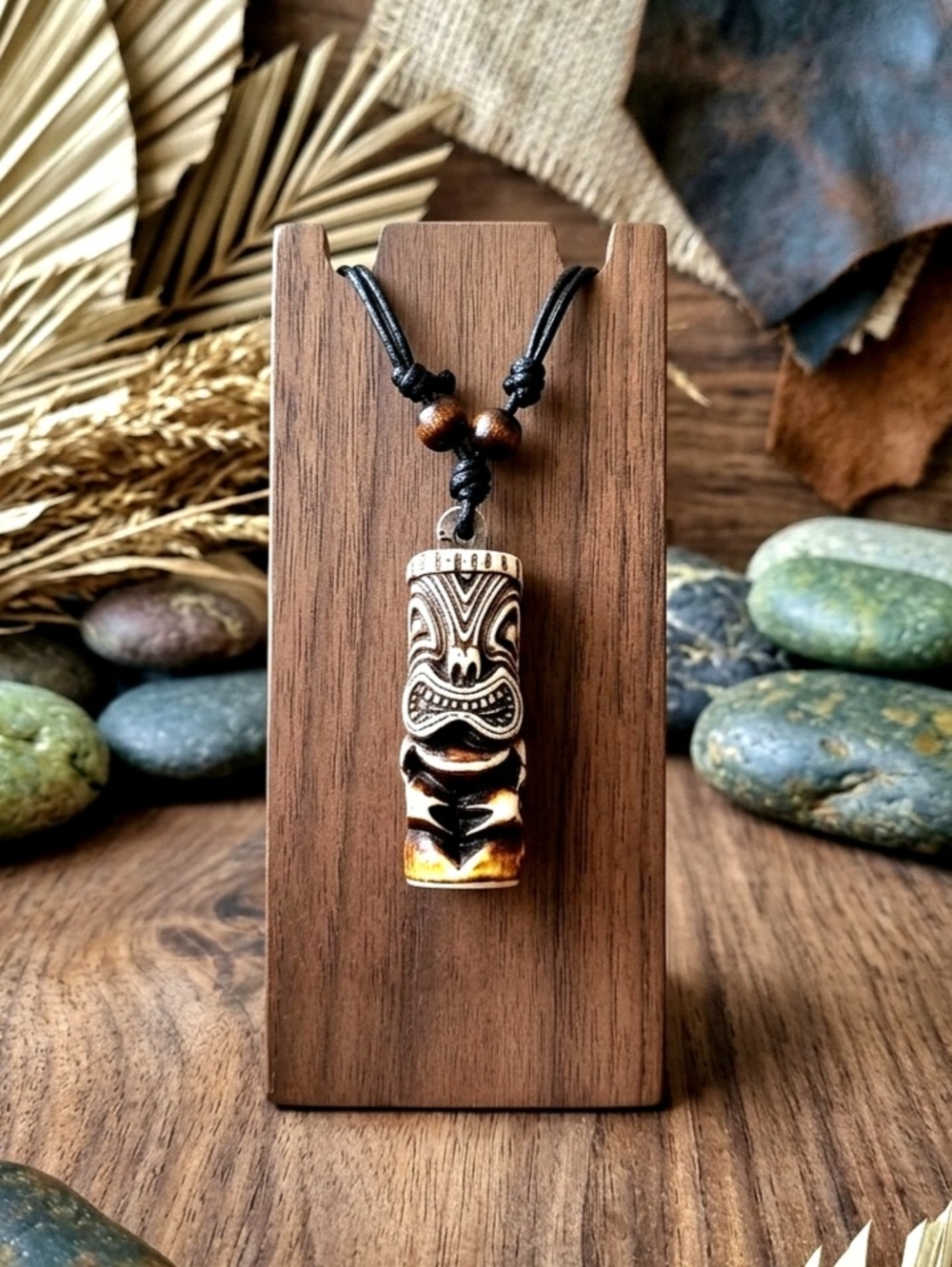 Yak Bone Carved New Zealand Tiki Totem Pendant Necklace w/ Adjustable Cord